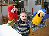 Foto: Ein kleiner Junge Spielt mit Handpuppen, die aussehen wie bunte Papageien